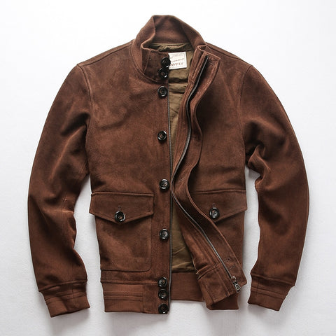 AVFLY 2019 Men Vintage Brown Genuine Cowskin Motorcycle leather jacket Fashion Single-breasted Cowhide Jacket Winter Russia Coat
